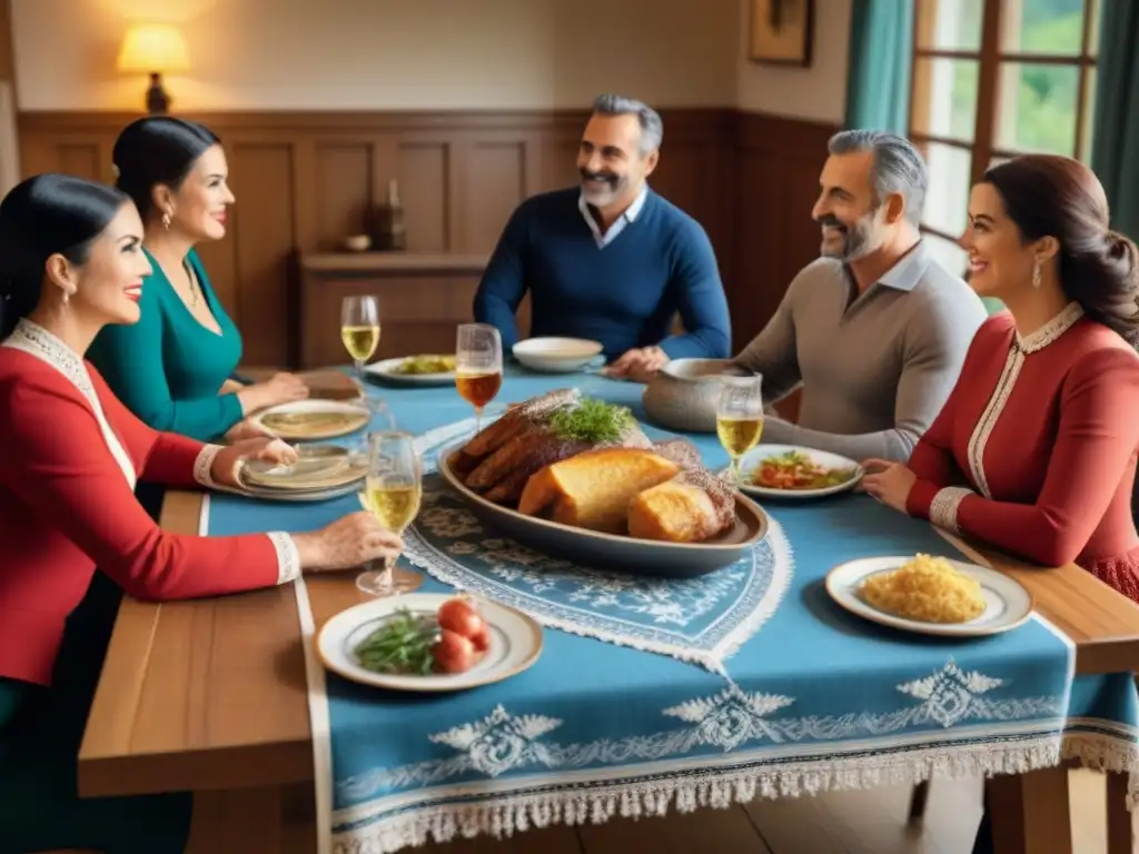 Una familia vasca tradicional reunida alrededor de una mesa de comedor de madera, mostrando herencia y conexión