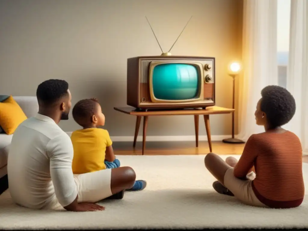 Una familia viendo viejas películas caseras en un televisor vintage, salvaguardando recuerdos familiares en video