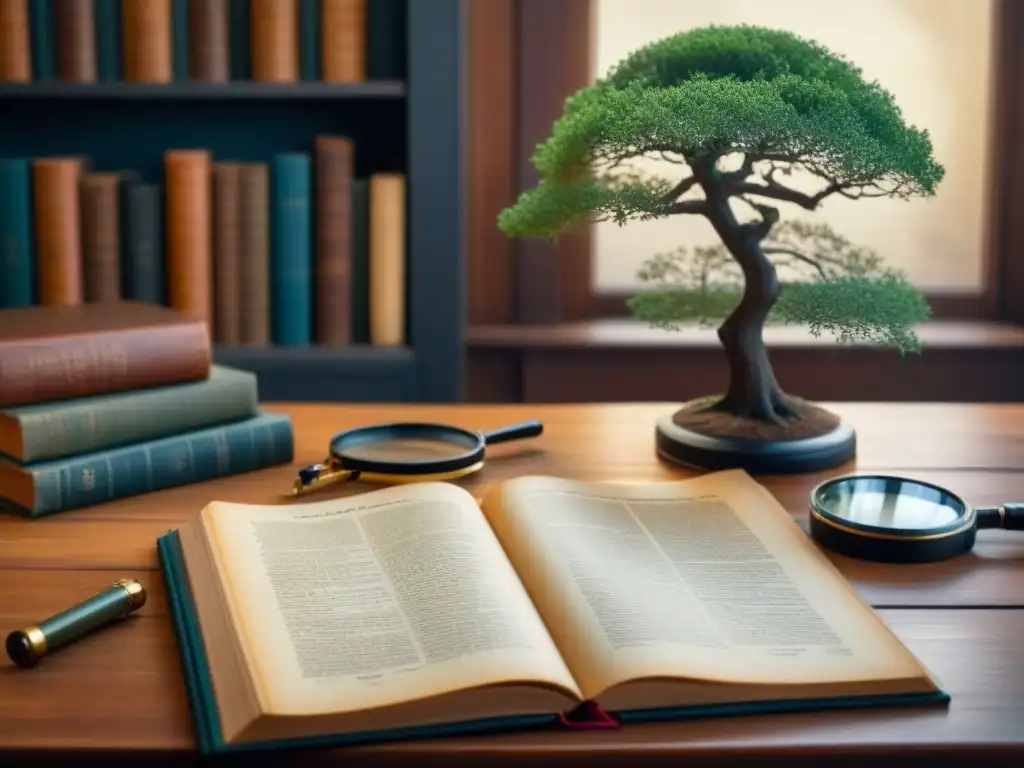 Foto sepia de árbol genealógico familiar en mesa de madera con libros antiguos y lupa vintage