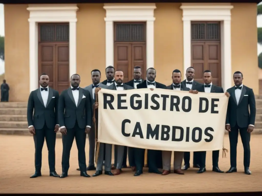 Foto en blanco y negro de africanos frente a edificio colonial con letrero 'Registro de Cambio de Apellidos en África colonial'