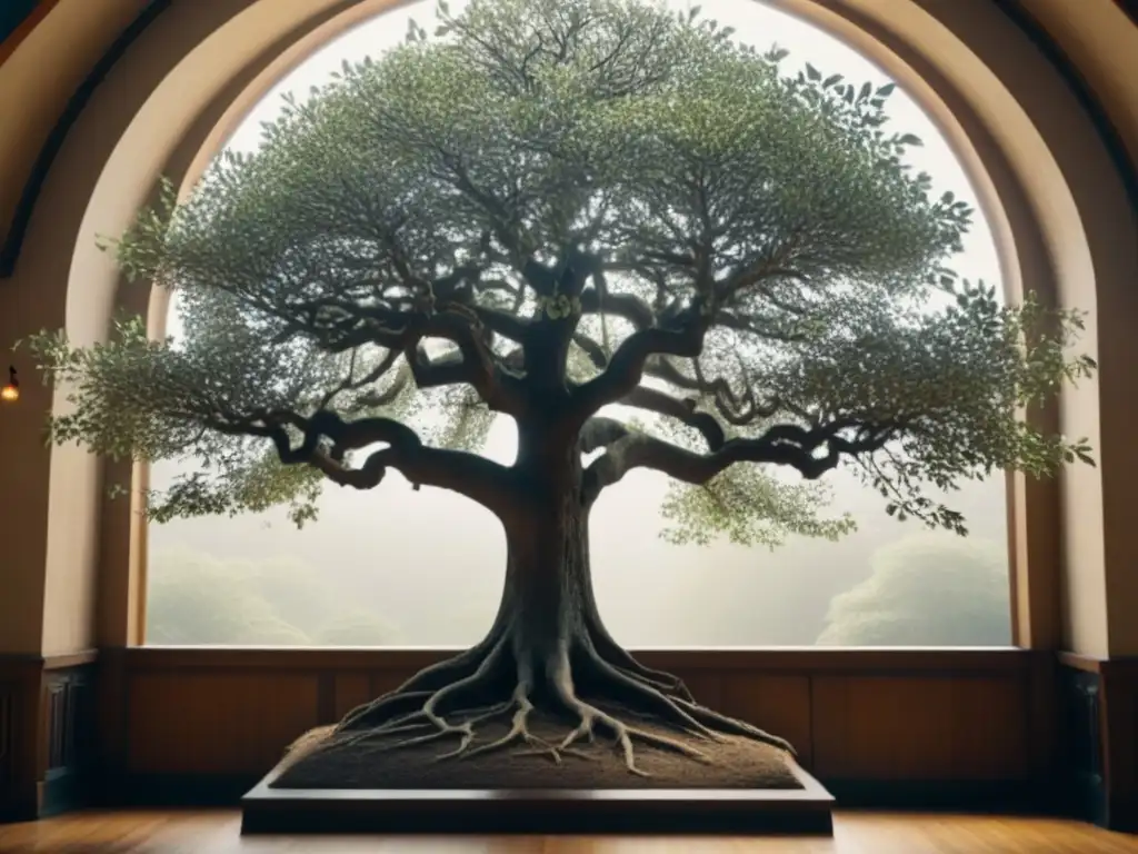 Una foto en blanco y negro de un árbol genealógico antiguo sobre un fondo de una biblioteca histórica, con nombres entrelazados