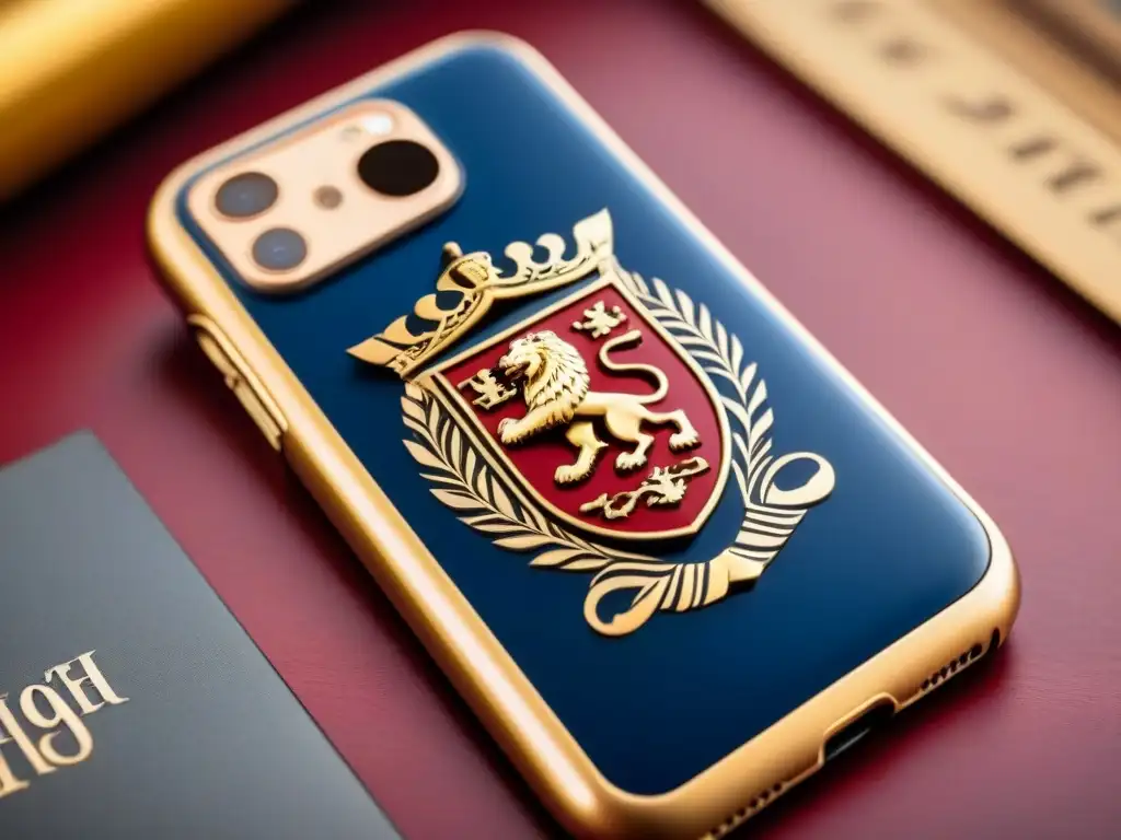 Funda de teléfono vintage con escudo heráldico en tonos de rojo, dorado y azul marino