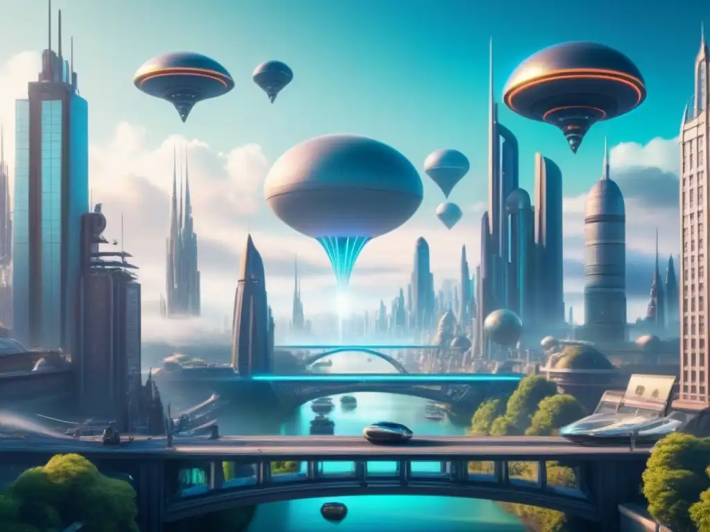 Futurista ciudad interconectada con humanoides y alienígenas, evocando evolución de apellidos en ciencia ficción