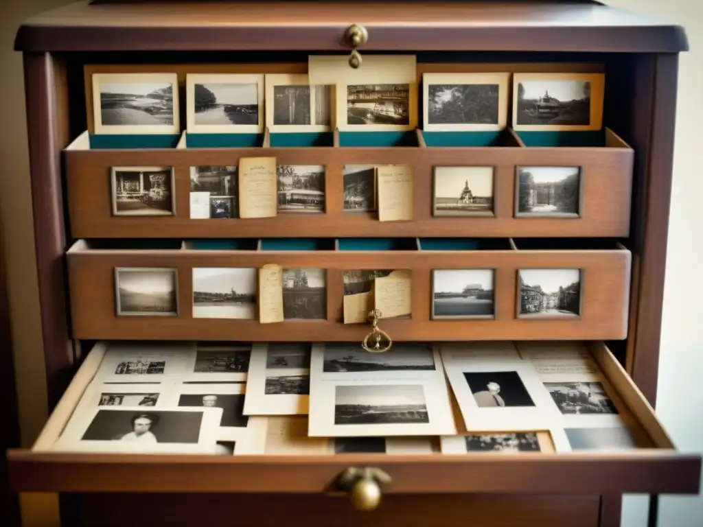 Un gabinete de madera antiguo lleno de fotografías familiares vintage, documentos y cartas, evocando preservación archivos genealógicos digitales