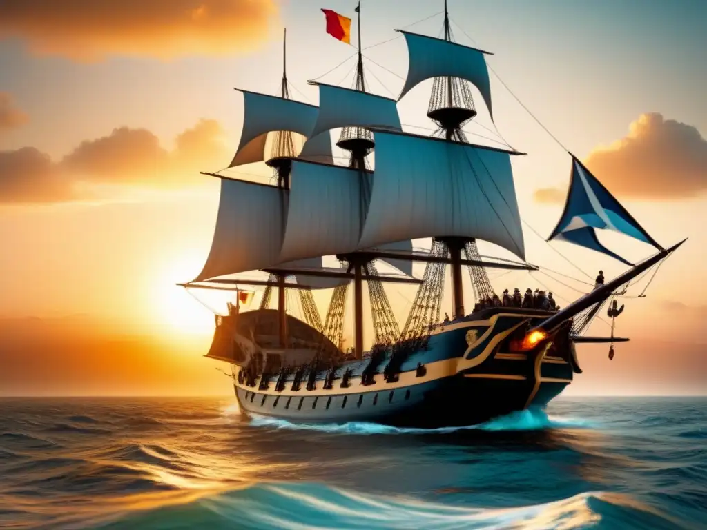 Un galeón español navega hacia América al atardecer, con pasajeros contemplativos y emocionados