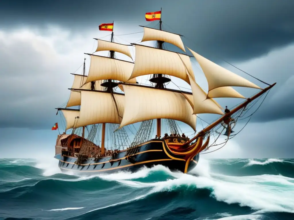 Un galeón español navegando en el mar en tormenta, con el nombre 'Nava' en su casco