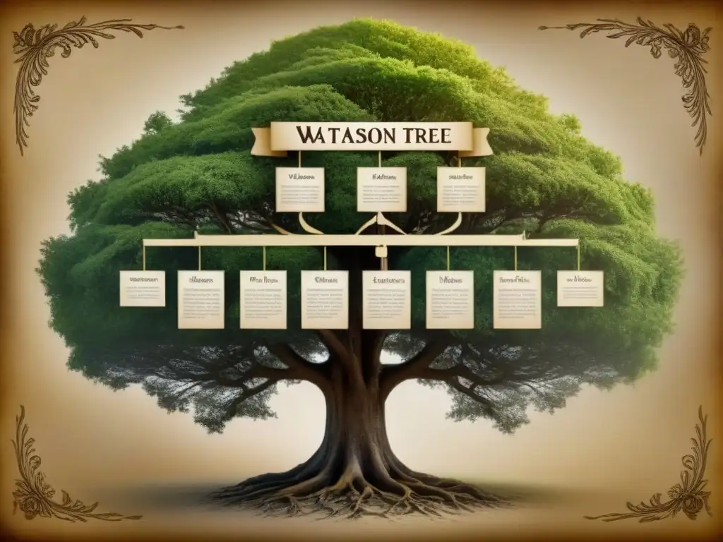 Genealogía del apellido Watson en un detallado árbol familiar vintage, con ilustraciones y caligrafía en tono sepia