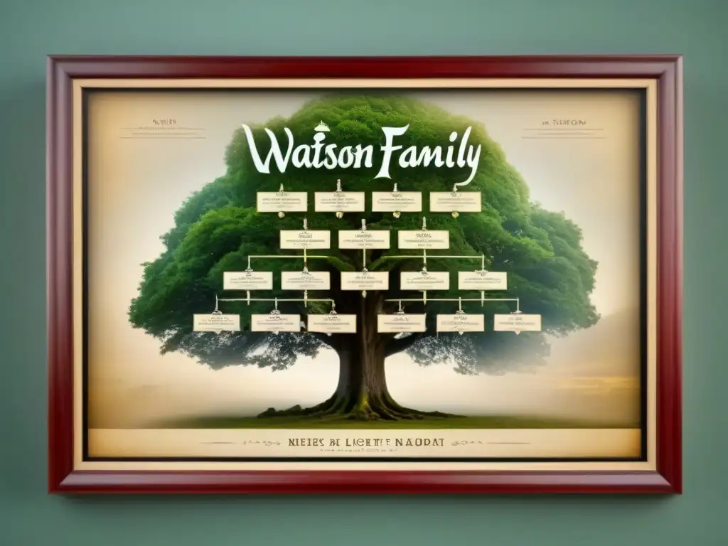 Genealogía del apellido Watson: Detallado árbol genealógico sepia de la familia Watson, con fotos antiguas y caligrafía delicada