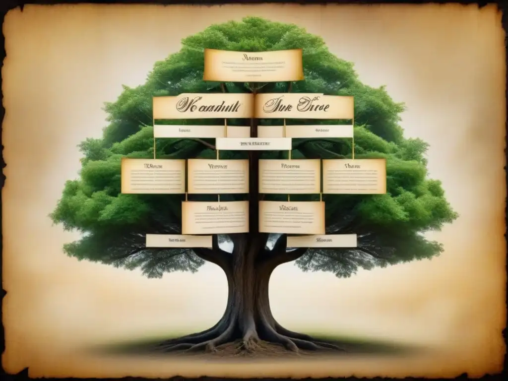 Genealogía del apellido Watson: Detallado árbol genealógico vintage de la familia Watson con nombres, fechas e ilustraciones históricas