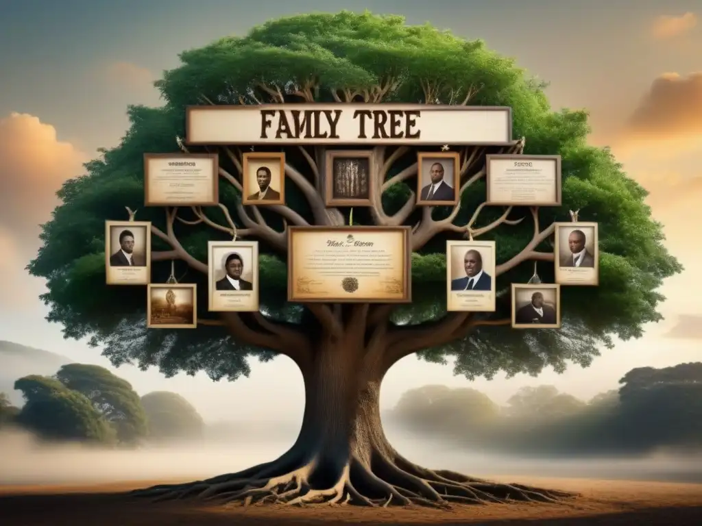 Genealogía de apellidos Negrón: árbol familiar detallado en sepia con fotos antiguas y raíces intrincadas