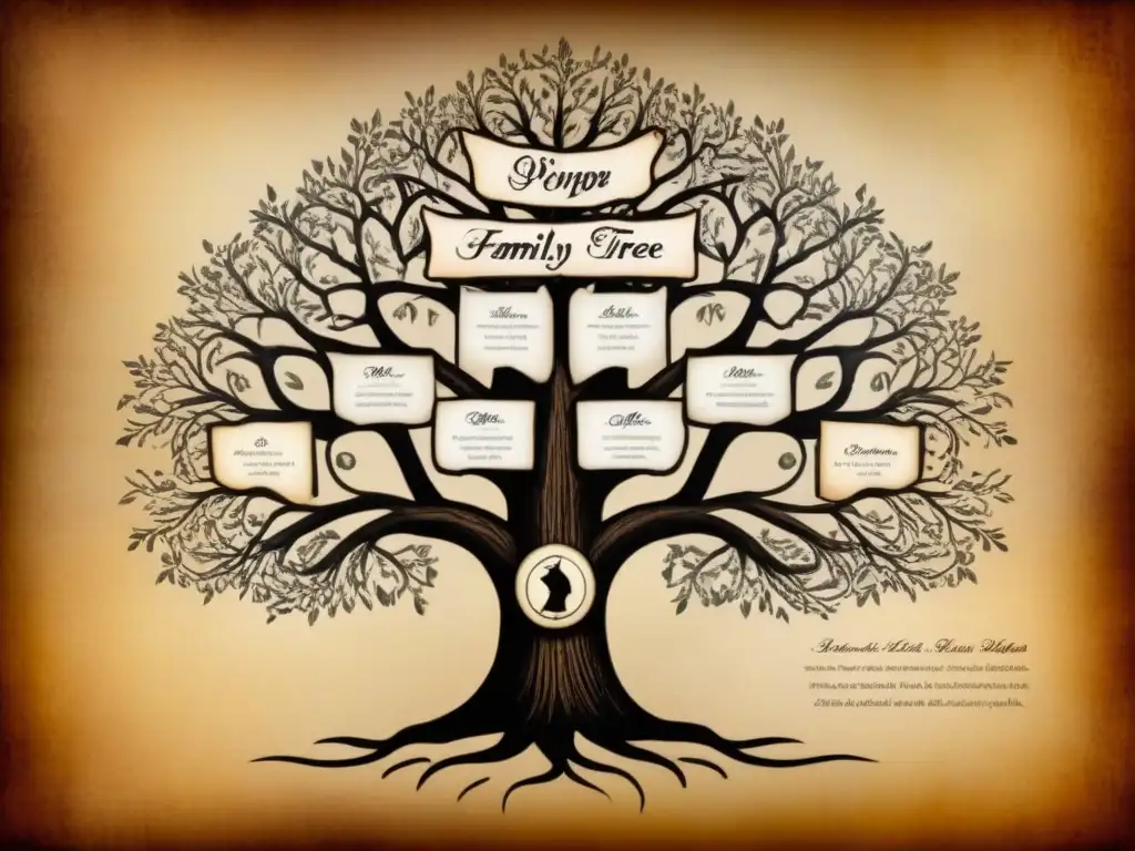 Genealogía de apellidos familiares históricos bellamente ilustrada en pergamino envejecido, con detalles intrincados y elegante caligrafía sepia