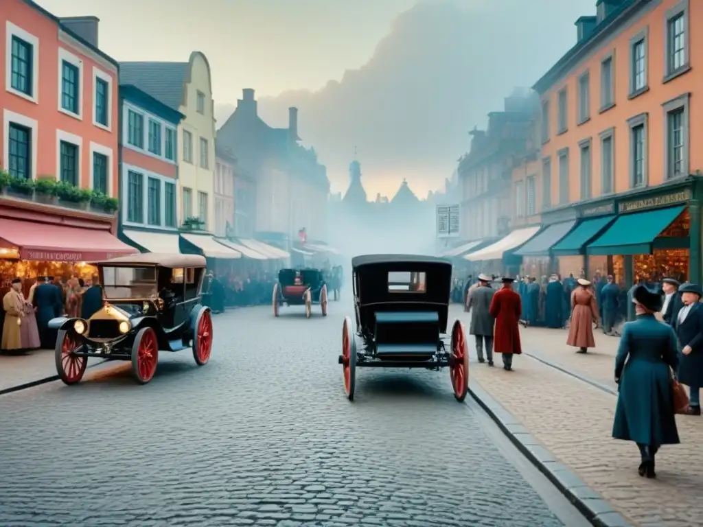 Genealogía apellidos historia ancestros registros: Plaza del pueblo de principios de 1900, con gente y carros de caballos en sepia