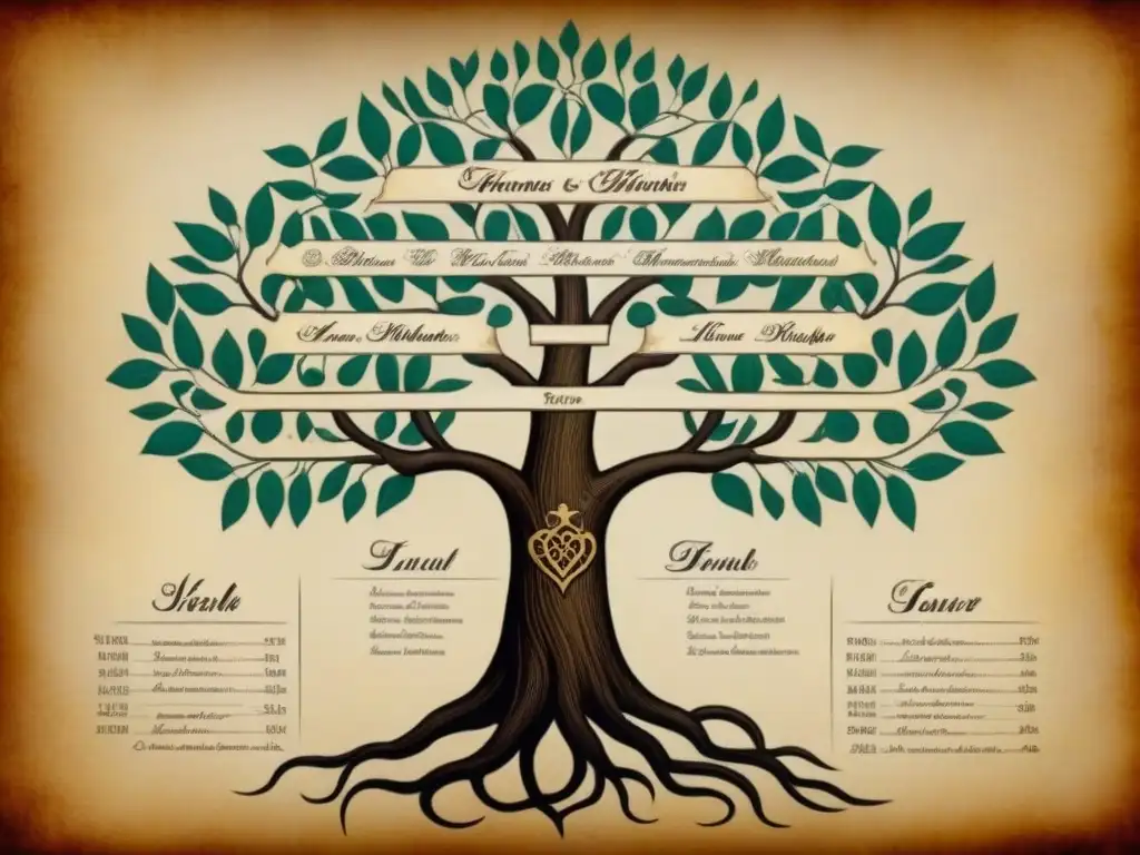 Genealogía de apellidos: precisión histórica en un árbol genealógico vintage detallado en pergamino enlazando generaciones