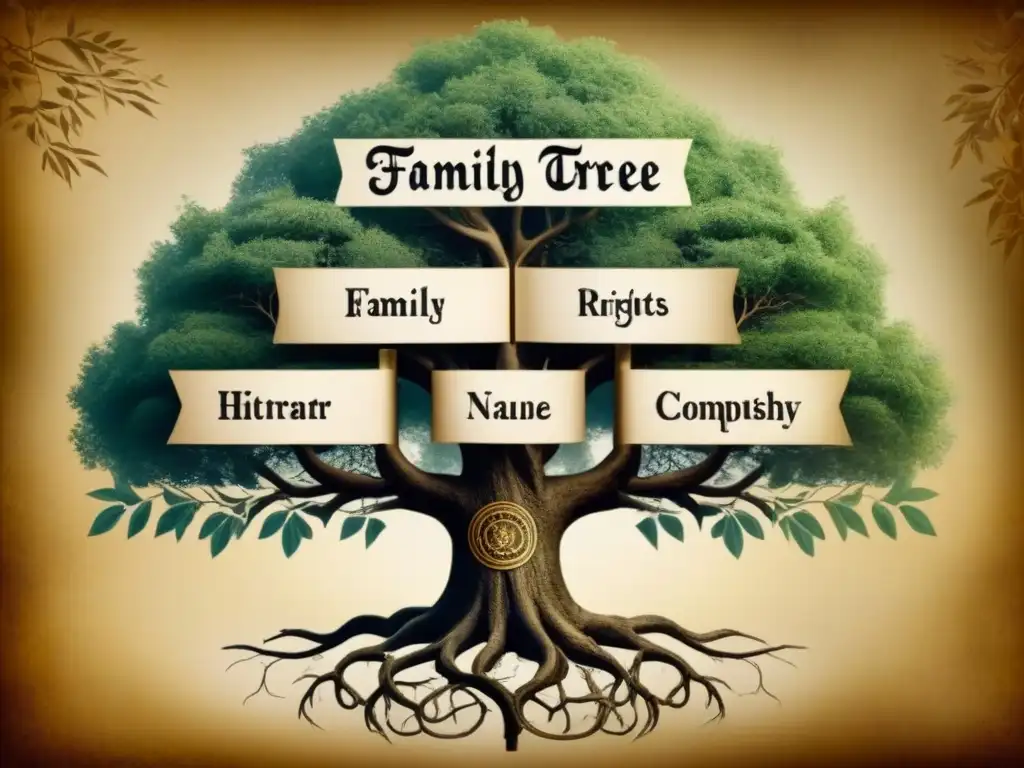 Genealogía de apellidos históricos: Detallado árbol genealógico vintage con raíces y ramas intrincadas en elegante caligrafía sepia