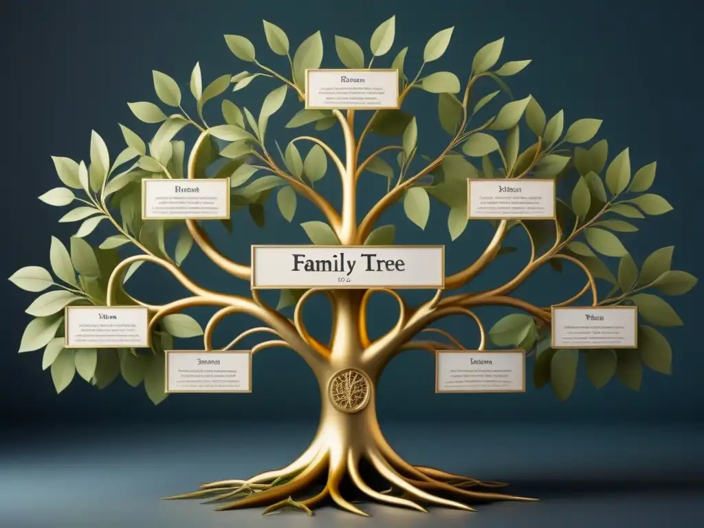 Genealogía de apellidos en R: Un árbol genealógico ornamental con ramas intrincadas y nombres ilustres en hojas vibrantes