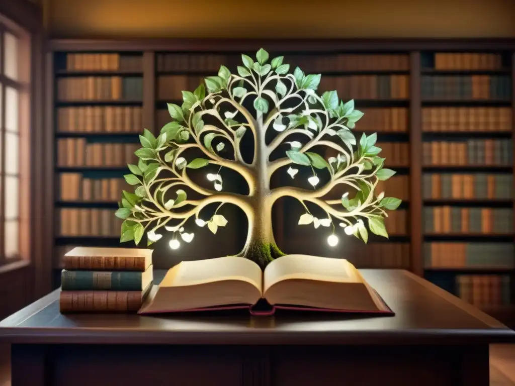 Genealogía de apellidos en series: Un árbol genealógico antiguo y detallado en un ambiente de biblioteca histórica