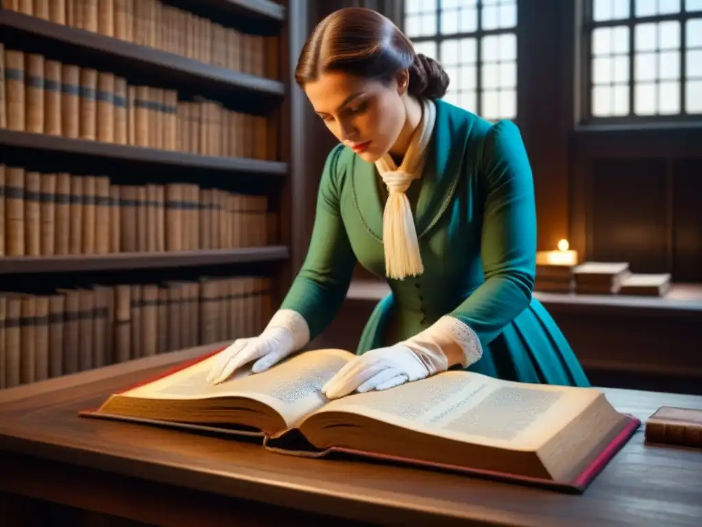 Explorando genealogía en archivos antiguos: manos en guantes blancos examinan antiguo árbol genealógico