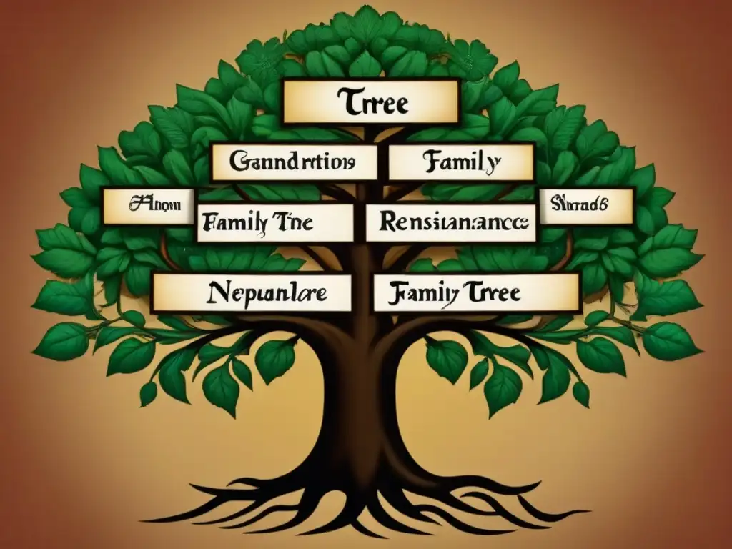 Genealogía compartida apellidos renacentistas en un detallado árbol genealógico del Renacimiento