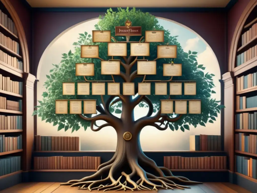 Genealogía compartida apellidos renacentistas en detallado árbol genealógico vintage en biblioteca adornada