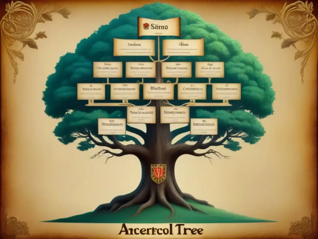 Genealogía detallada del apellido Nolasco en España desde un castillo medieval, mostrando generaciones con símbolos heráldicos y atuendos históricos