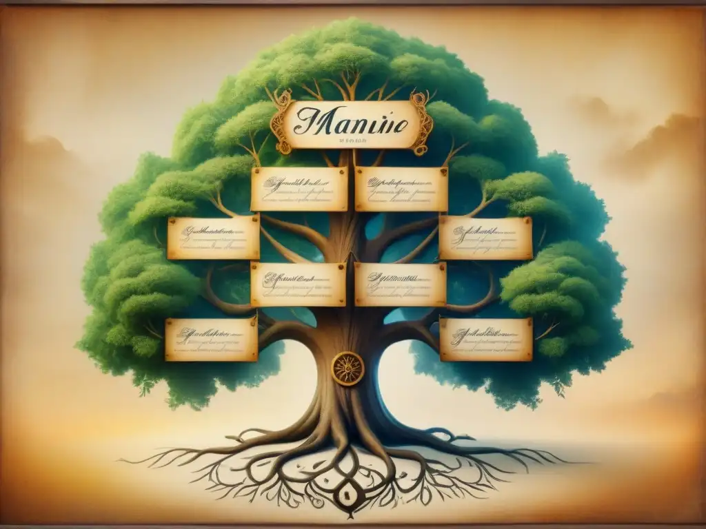 Una genealogía detallada en pergamino, muestra la historia de apellidos y su rol en la construcción de sociedades