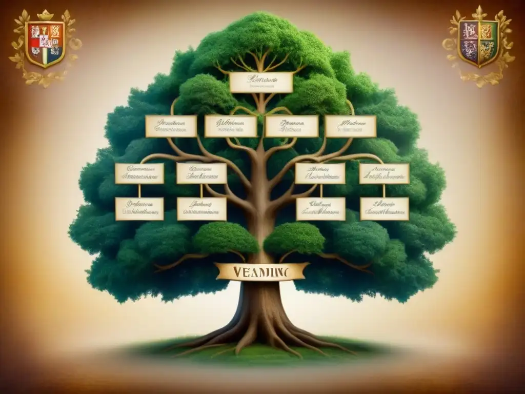 Una genealogía de los Escalona nobleza, detallada y majestuosa en tonos terrosos, con ancestros medievales y blasones heraldicos