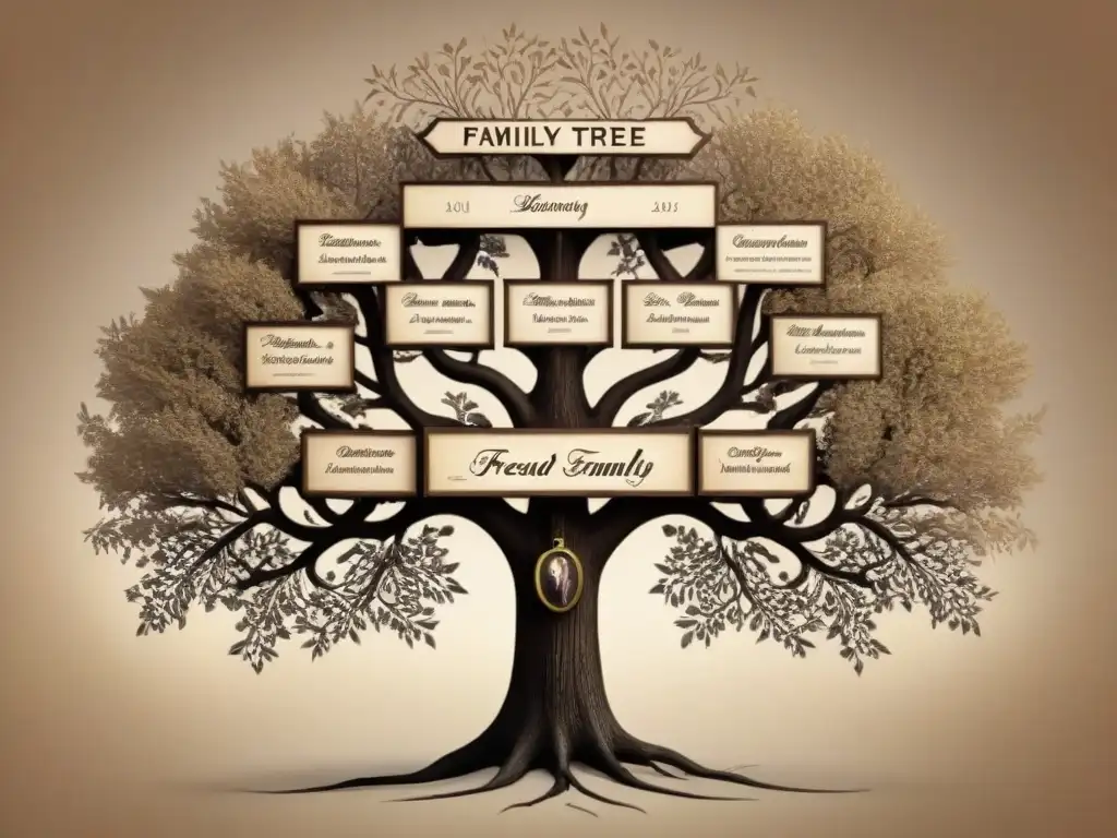 Genealogía de la familia Freud detallada en tonos sepia, exudando historia y legado