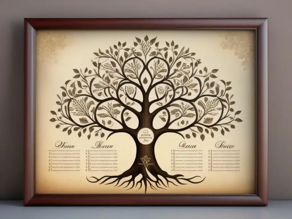 Genealogía familiar en la era digital: Árbol genealógico vintage detallado en pergamino envejecido, con caligrafía delicada y tonos sepia