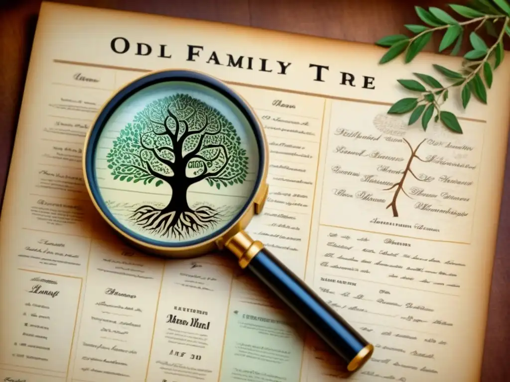 Genealogía: magnífico árbol genealógico detallado con nombres y fechas en caligrafía, rodeado de mapas y documentos antiguos