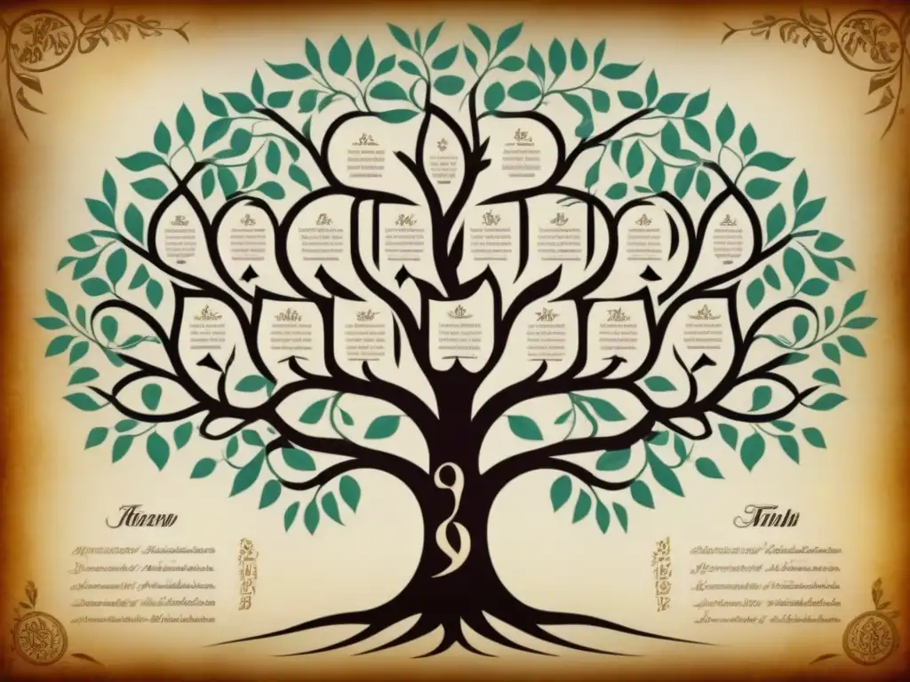 Genealogía judía: árbol genealógico vintage con apellidos hebreos entrelazados, historia ancestral