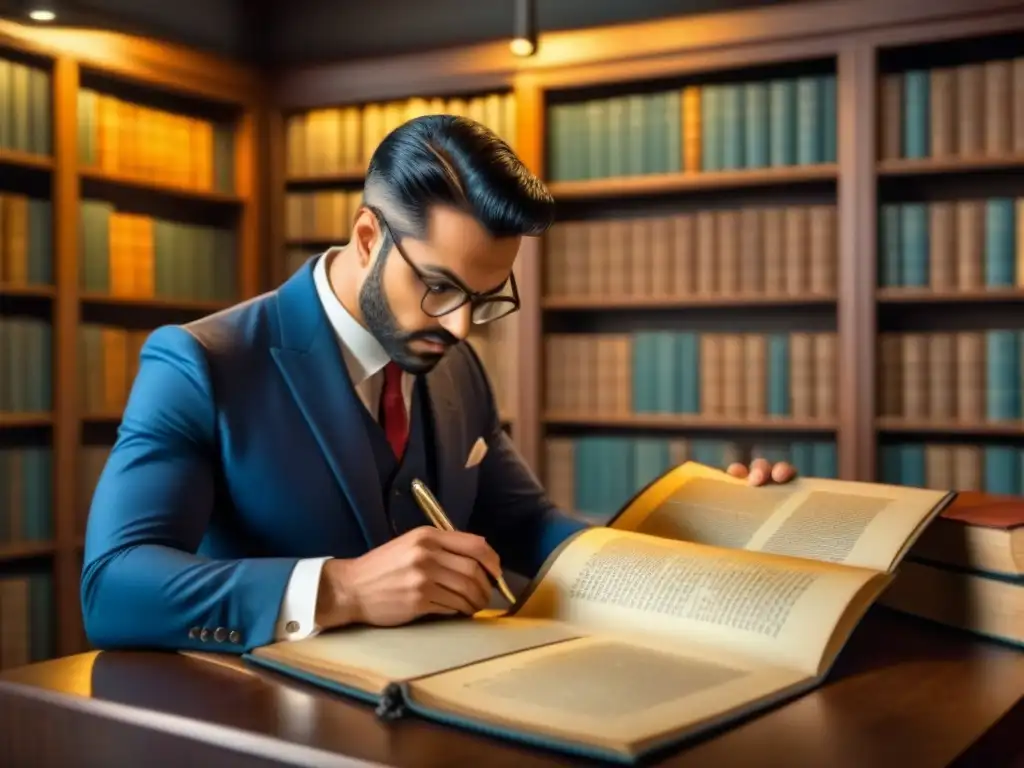 Genealogista examinando antiguos documentos en archivo histórico, rodeado de libros y pergaminos, con lupa en mano