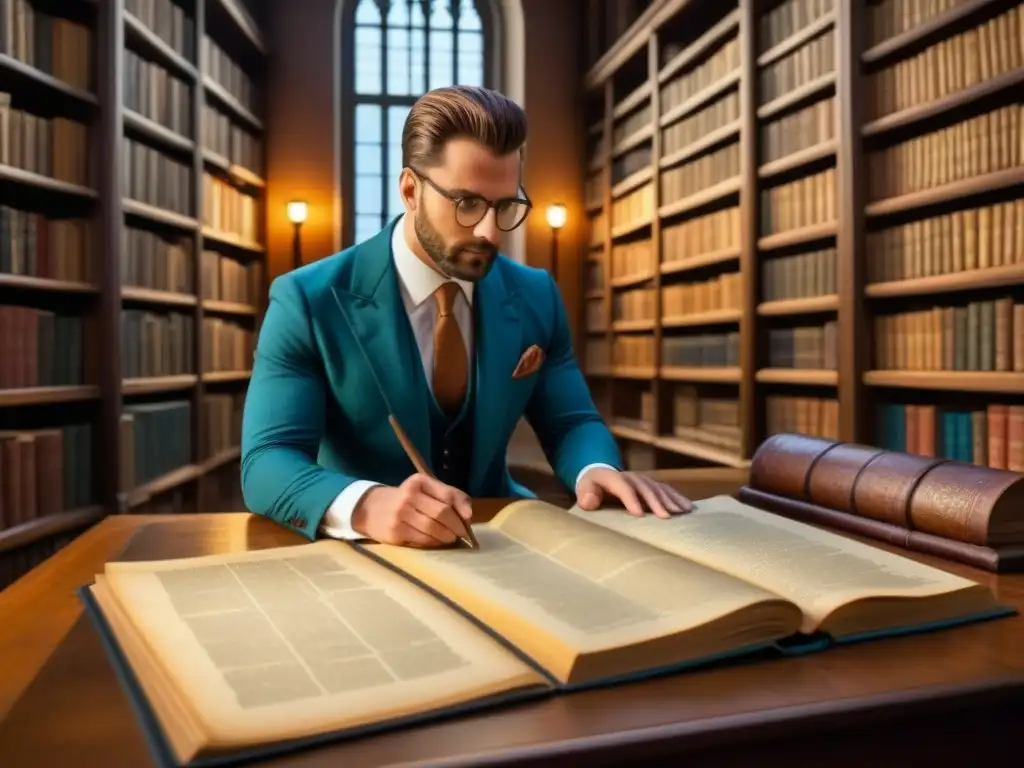 Un genealogista explorando antiguos documentos en una biblioteca iluminada, rodeado de estanterías llenas de tomos polvorientos