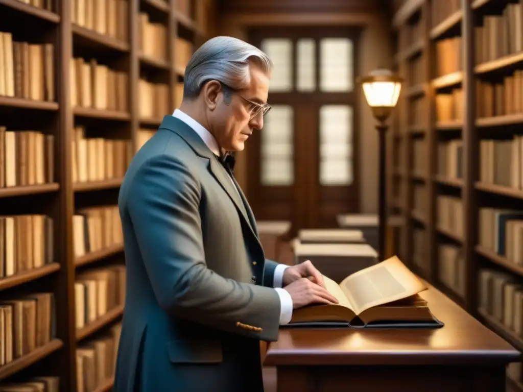 Un genealogista rastrea apellidos con libros antiguos en una biblioteca iluminada, atmosfera de descubrimiento histórico