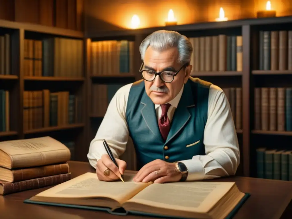 Un genealogista investiga árboles genealógicos en una biblioteca oscura, iluminado por una vela