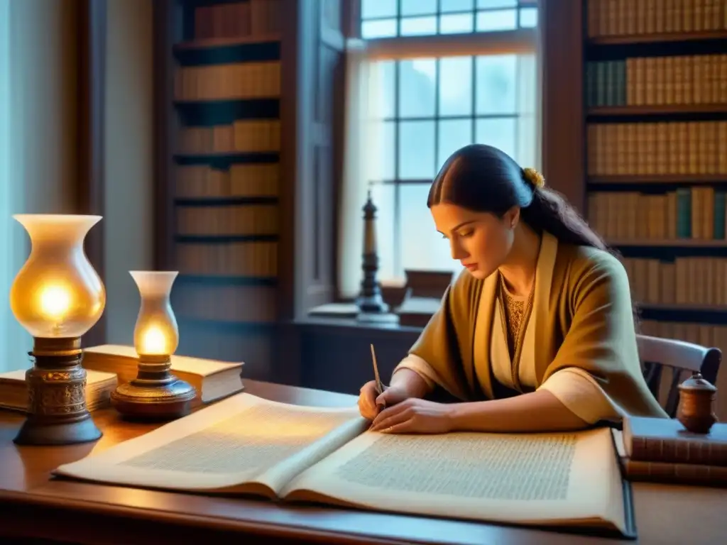 Un genealogista investiga árboles genealógicos en un estudio vintage, rodeado de libros antiguos y mapas, iluminado por una lámpara de aceite