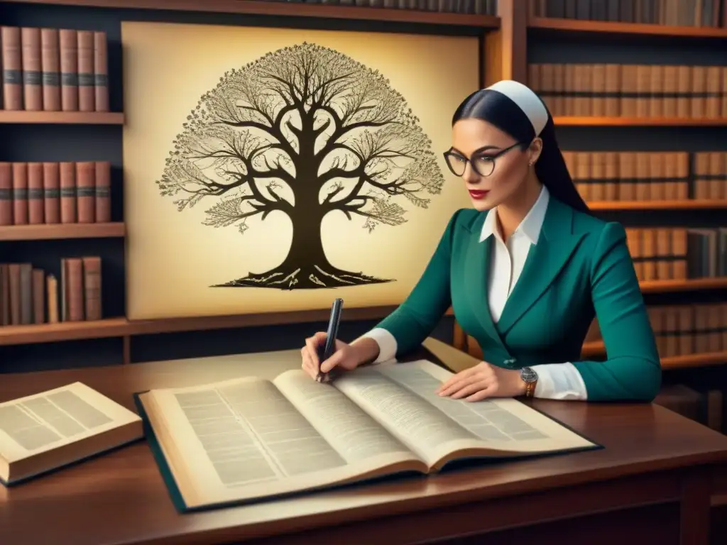 Un genealogista consultor, inmerso en su árbol genealógico, rodeado de libros y tecnología, fusionando lo tradicional con lo moderno