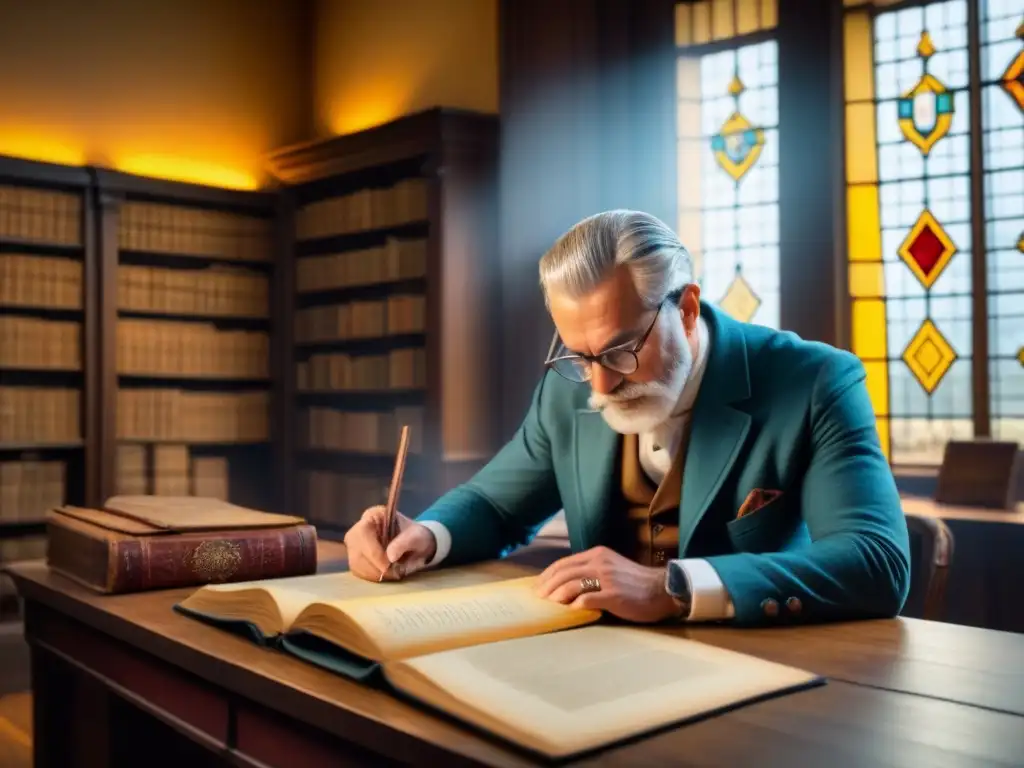 Un genealogista examina con detalle antiguos registros familiares en una biblioteca tenue, rodeado de libros polvorientos y artefactos antiguos