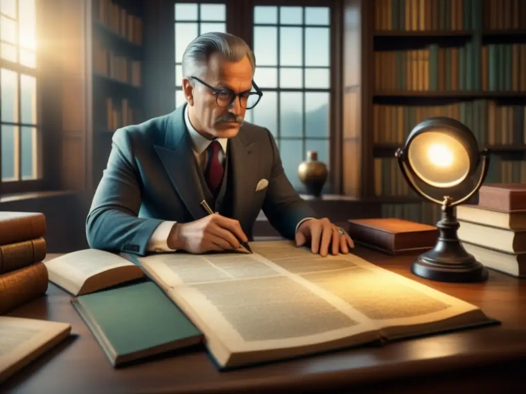 Un genealogista examina con detalle un árbol genealógico en su estudio vintage