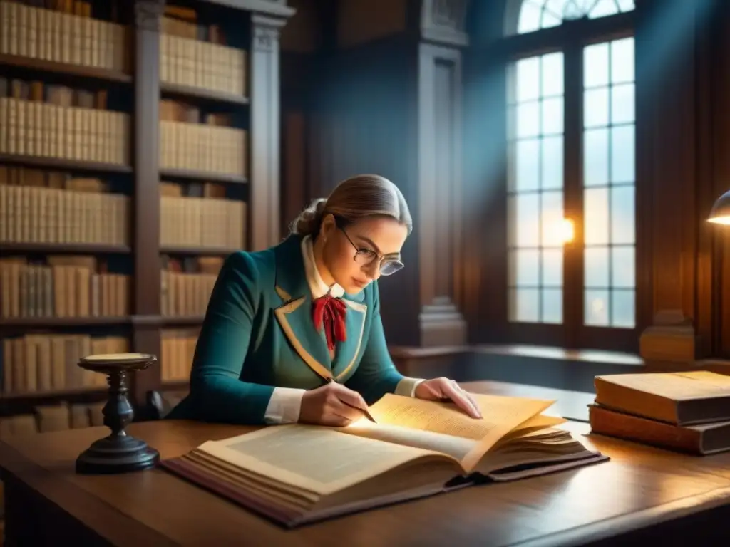 Una genealogista examina con detalle registros antiguos en una biblioteca iluminada tenue, rodeada de libros polvorientos y mapas antiguos