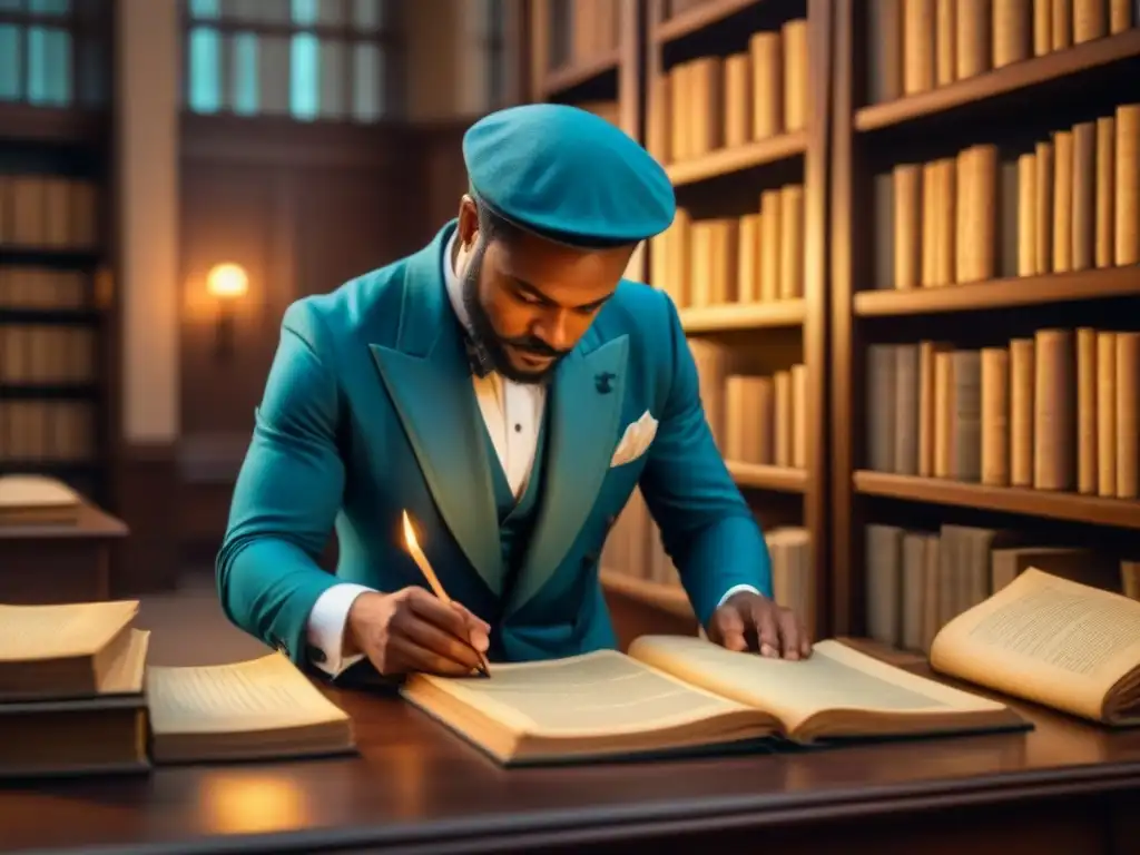 Genealogista examina documentos antiguos en biblioteca tenue, rodeado de libros polvorientos y una vela titilante