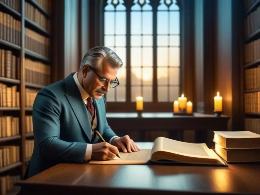 Genealogista examinando documentos antiguos en una biblioteca tenue, capturando la esencia de la búsqueda ancestral