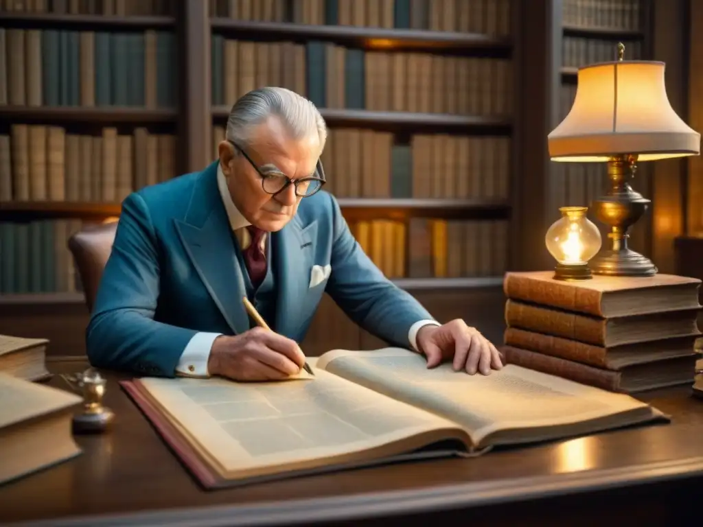 Un genealogista examina documentos antiguos en un estudio iluminado por lámpara de aceite