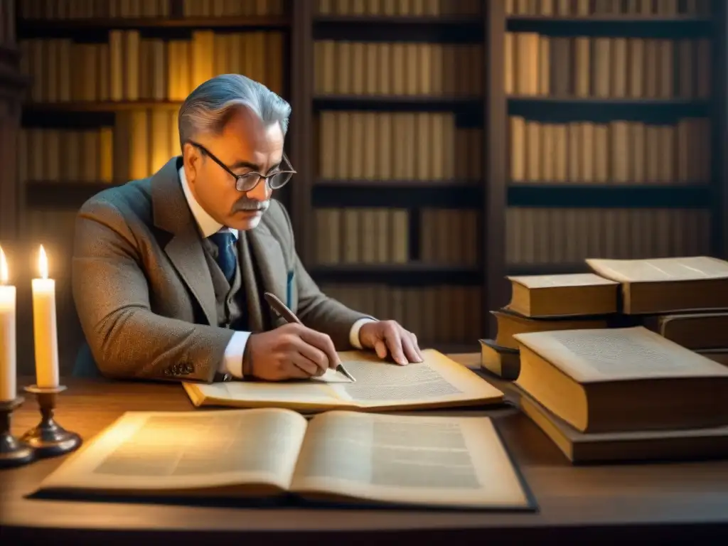 Un genealogista examina documentos antiguos en una habitación tenue, rodeado de libros y mapas, transmitiendo historia y dedicación