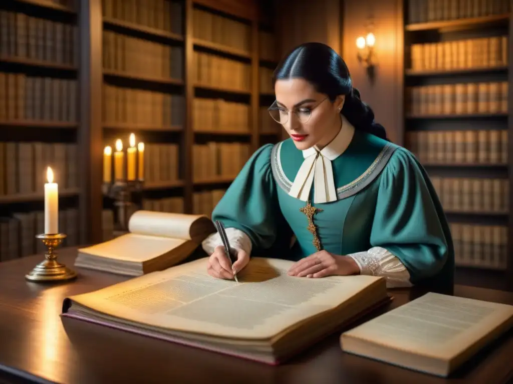 Un genealogista con empatía busca personal en una biblioteca tenue, rodeado de documentos antiguos y luz de velas