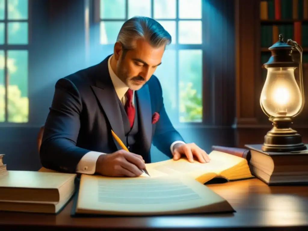 Genealogista en estudio antiguo, examinando árbol genealógico entre libros y documentos