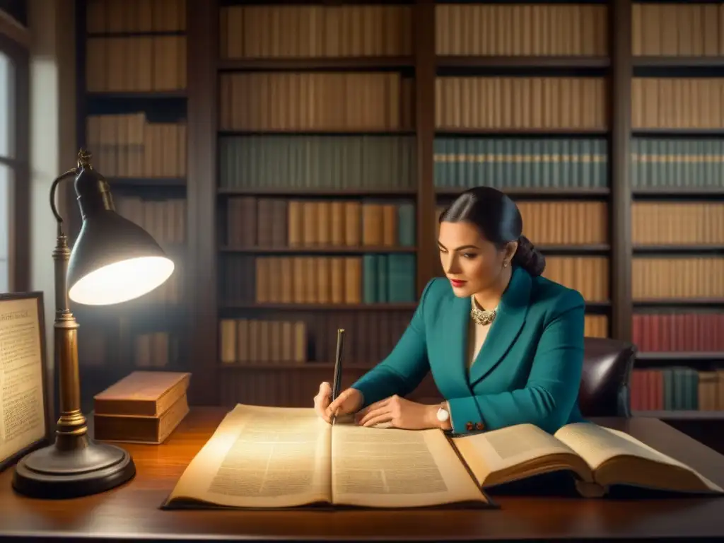 Un genealogista en su estudio vintage, analizando un árbol genealógico bajo la luz de una lámpara tenue