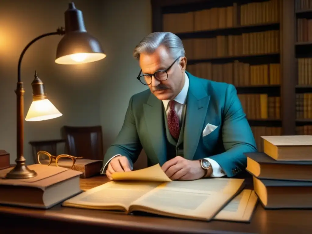 Genealogista forense desentrañando misterios familiares en sala vintage Un genealogista forense examina minuciosamente registros antiguos en una habitación llena de libros polvorientos