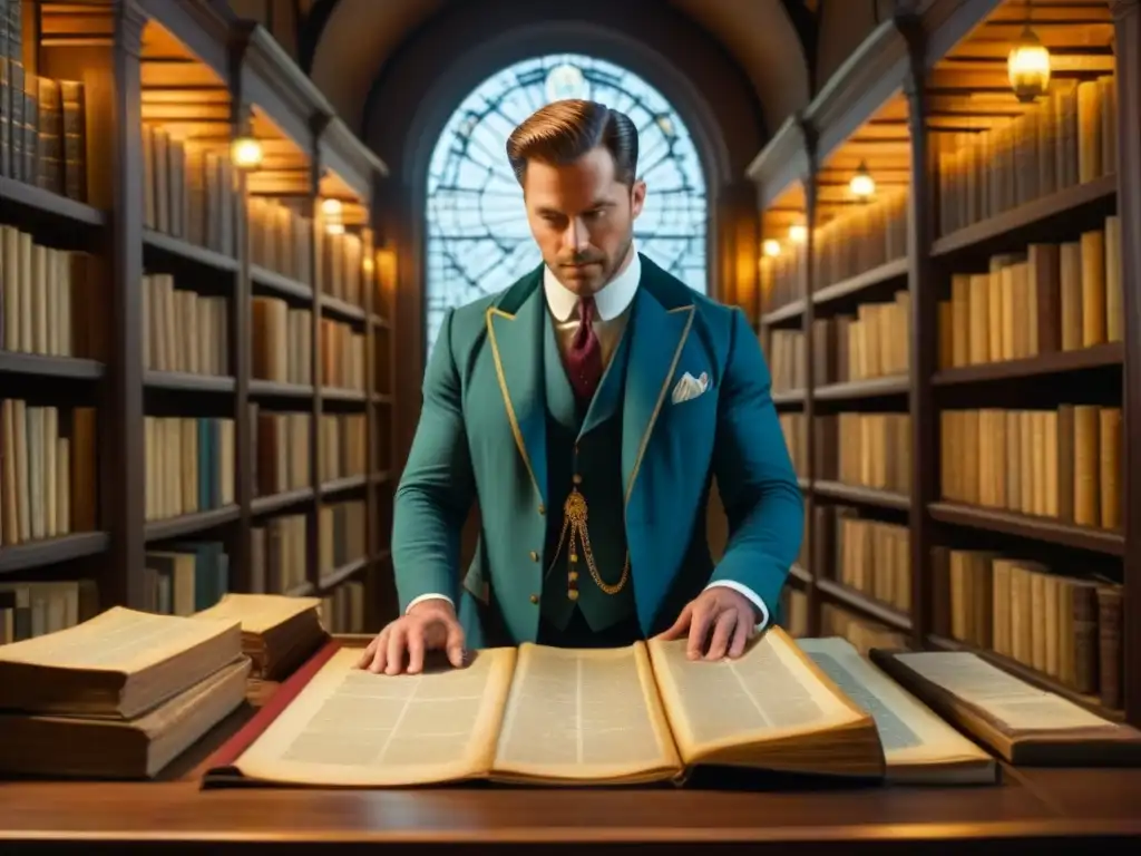 Un genealogista examina pergaminos antiguos en una biblioteca tenue, rodeado de libros y mapas viejos