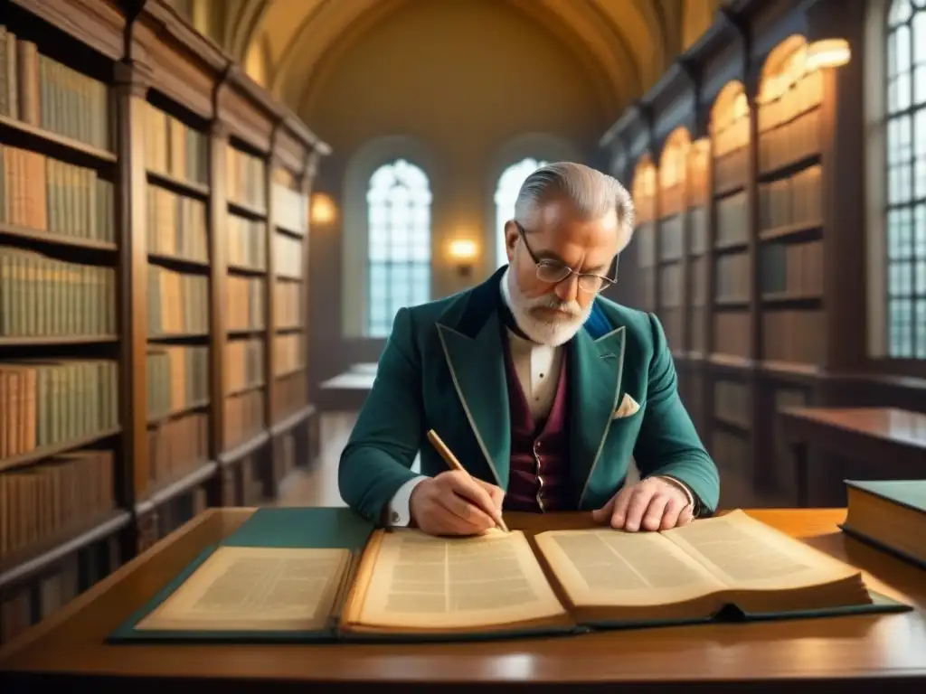 Un genealogista examina con precisión registros familiares antiguos en una biblioteca tenue