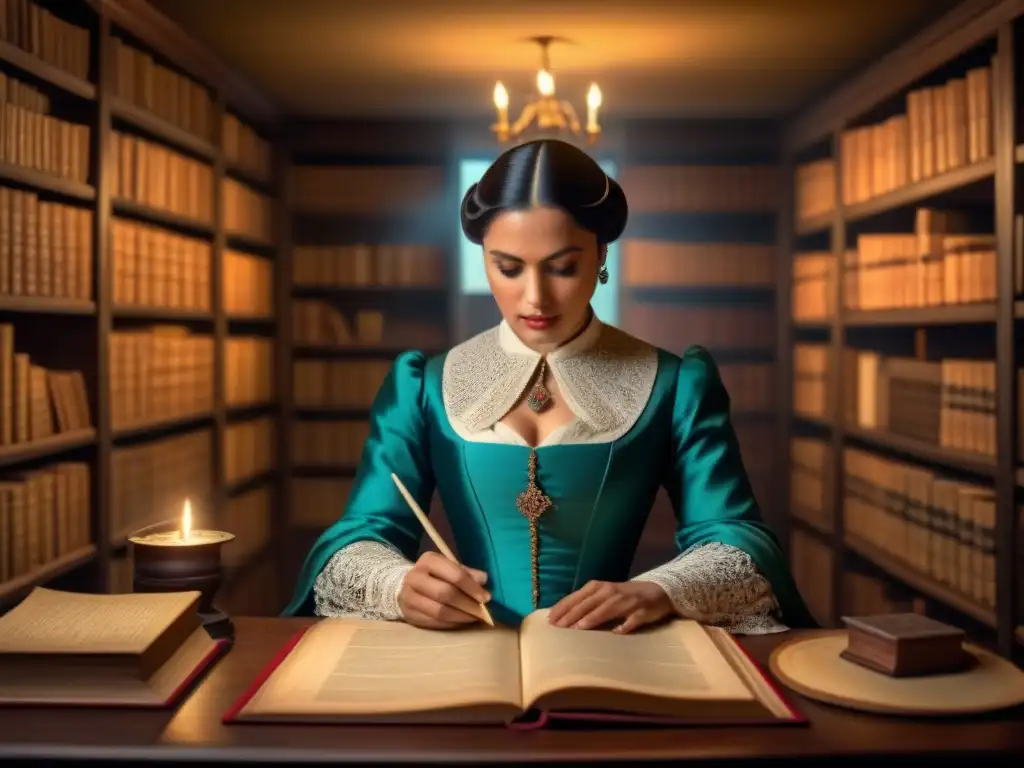 Un genealogista del siglo XIX estudia minuciosamente antiguos registros familiares a la luz de una vela en una habitación tenue